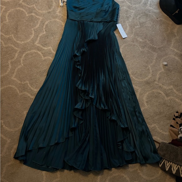 Azazie One Shoulder Teal Pleated Dress - Picture 4 of 8